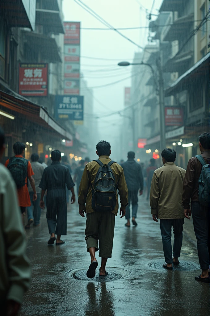 It's a 17°C day with 100% of humidity. The streets are full of uncomfortable people, with clothes stuck to the body and puddles on the shoes. The atmosphere is heavy and cloudy, and the buildings have condensation. Despite the discomfort, People go about their daily activities, adapting to the humid climate.