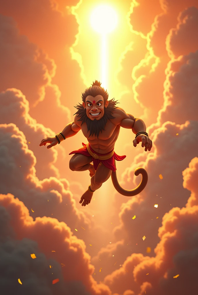 In cinematic Cartoon 3d style "The Flight
A dramatic sky, with clouds and streaks of sunlight.
Lord Hanuman leaps into the air, his tail propelling him upwards. He flies towards the sun with incredible speed, his eyes filled with determination"