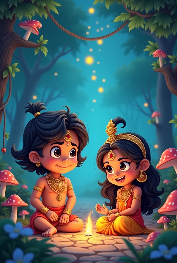 King Dasharatha's promise to Kaikeyi led to her demanding Rama's exile and Bharata's coronation, resulting in Rama's departure into the forest with Sita and Lakshmana, while Bharata's attempts to bring Rama back were unsuccessful, forcing him to rule as regent.
Make it cartoon and cute but they are adult