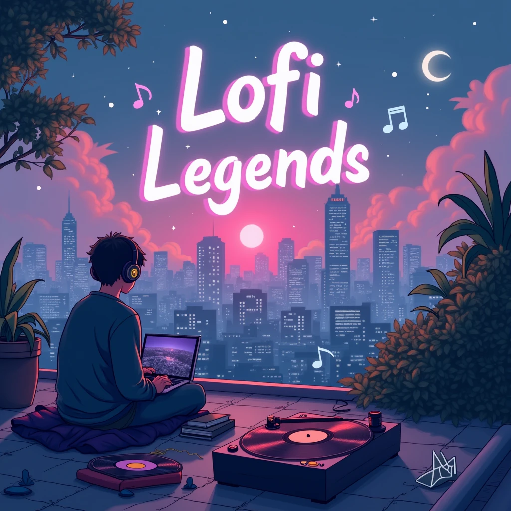 Design a YouTube channel cover for "LoFi Legends" that embodies a relaxing and nostalgic atmosphere. The cover should feature an expansive view of a city skyline at dusk or nighttime, with glowing neon signs in soft shades of pink, purple, and blue. Include elements like a rooftop or balcony where a character is sitting, wearing headphones, and either reading a book or working on a laptop. The character should be surrounded by objects like vinyl records, cassette tapes, or musical notes floating in the air. In the background, subtle details like stars, moonlight, and a gentle breeze should enhance the tranquil mood. The channel name "LoFi Legends" should be prominently displayed in a stylish, retro font, blending seamlessly with the scene's aesthetic.