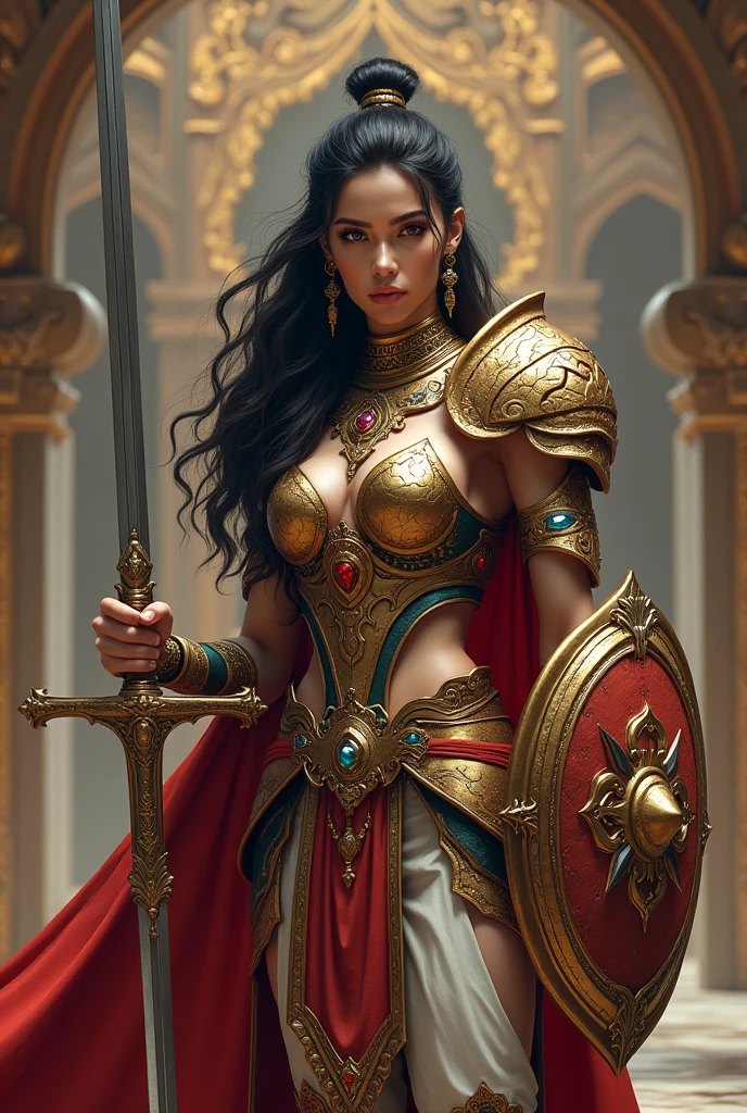 (Best quality, 4K, high resolution, masterpiece:1.2), (ultra-detailed, photo-realistic:1.37), Deva Vishakha in the armor of the elite Indra Royal Guard. Deva Vishakha is depicted as a tall and athletic warrior with a commanding presence. She has piercing eyes and a dignified bearing, with long, dark hair often tied back in a practical style. Her skin has a radiant, ethereal glow, signifying her divine heritage. She wears intricately designed armor adorned with symbols of protection and power, and precious gemstones. The armor includes a flowing cape. She carries a sword with an ornate hilt and a shield with the emblem of the Vajra Vamsa clan. The background shows a majestic palace with intricate carvings, emphasizing her role as a formidable warrior and leader.",