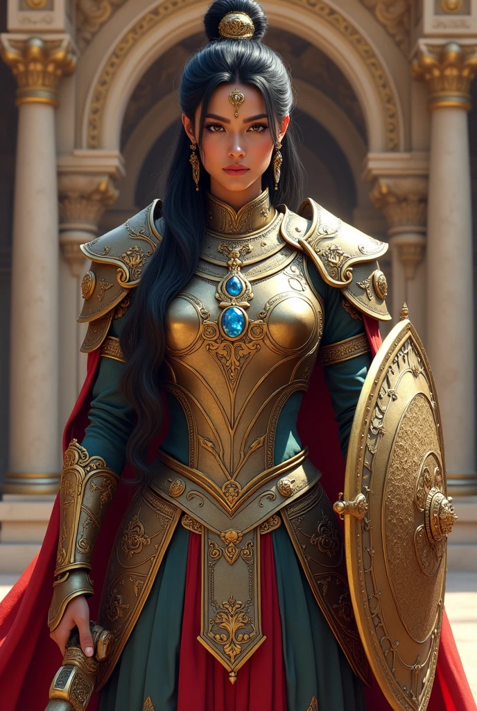 (Best quality, 4K, high resolution, masterpiece:1.2), (ultra-detailed, photo-realistic:1.37), Deva Vishakha in the armor of the elite Indra Royal Guard. Deva Vishakha is depicted as a tall and athletic warrior with a commanding presence. She has piercing eyes and a dignified bearing, with long, dark hair often tied back in a practical style. Her skin has a radiant, ethereal glow, signifying her divine heritage. She wears intricately designed armor adorned with symbols of protection and power, and precious gemstones. The armor includes a flowing cape. She carries a sword with an ornate hilt and a shield with the emblem of the Vajra Vamsa clan. The background shows a majestic palace with intricate carvings, emphasizing her role as a formidable warrior and leader.",