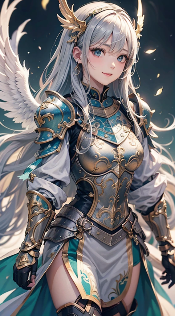 (Official Art、Highest quality、Unity 8k wallpaper、32K、masterpiece、Ultra-detailed、Ultra-high resolution、Realistic、Photorealistic、So ridiculous:1.2)、(Cinema Lighting:1.2)、Fire Glow Effect、Film Grain、Best Shadow、Rim Light、Side light、(Highly detailed and intricate 3D rendering)、細部までBeautiful Faceと目、Sharp pupils、Realistic生徒、Slender、1men and women、Medium Bust、(whole body:1.2)、 Beautiful Face、Beautiful girl、(Highly detailed skin、Detailed skin texture:1.3)、(Silver Blonde、Blue-silver hair:1.3)、Paladin、Long Hair、Blunt bangs、Green Eyes、3 braids per bundle、(Blue Armor、Blue Boots、Blue Helmet、gem、Gold embroidery)、Slender、Maxi Skirt、(Thighs Thighs Thighs Thighs:0.8)、(cheese、in house、Artistic stained glass、Large Pipe Organ、cross、Hello Point、Mysterious、Many feathers floating、Angelic、Particles of light、Solemn、Nikko is、colorful、Fantasy:1.2)、(Fantasy:1.3)、(With the holy sword in hand:1.4)、(avert your eyes、Looking into the distance:1.3)、Fantasy、A kind smile