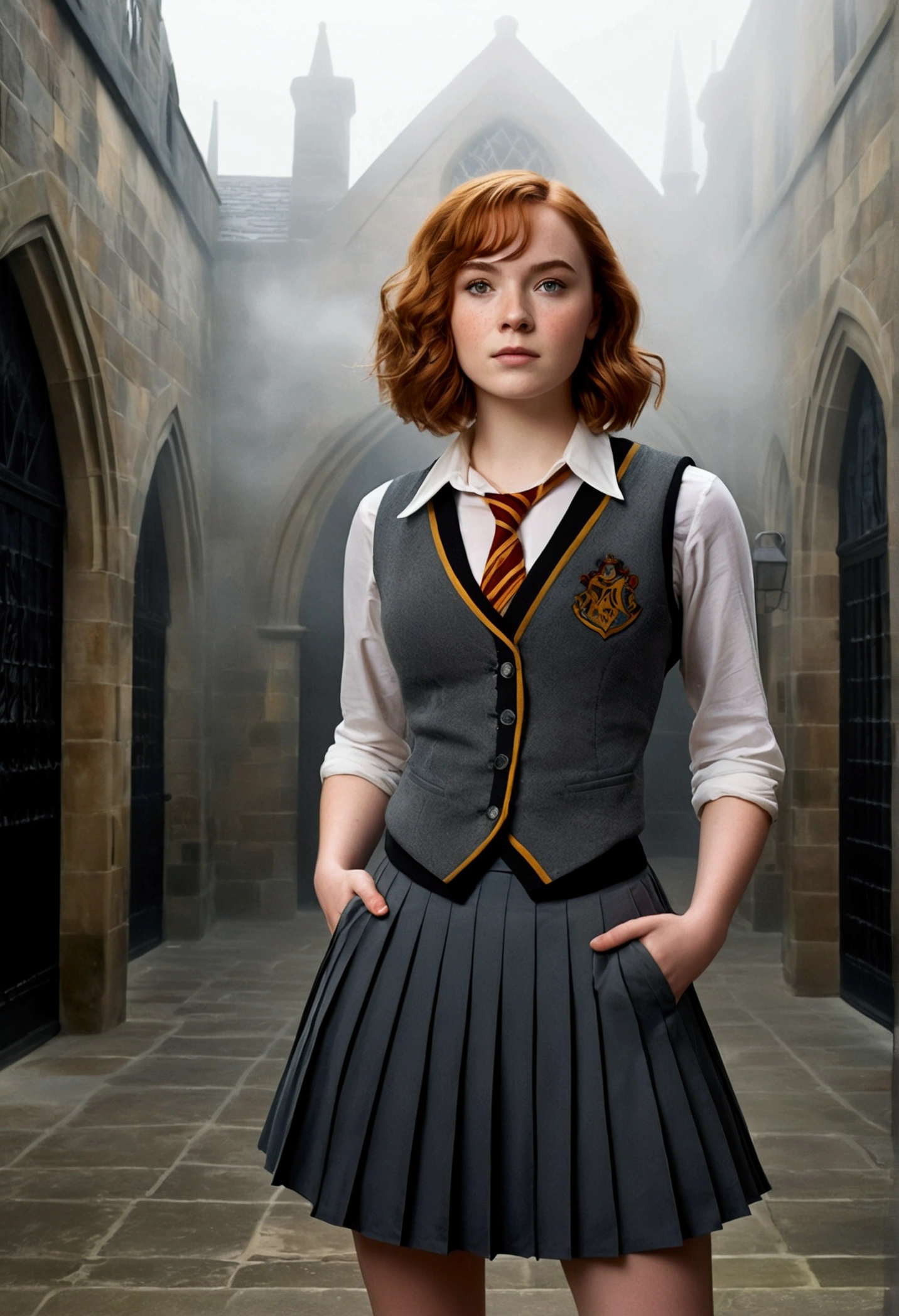 An illustrated movie poster, hand-drawn, full color, a teenage Hogwarts student, female, wearing a charcoal vest and a pleated skirt, toned, amazonian stature, athletic hourglass figure, full wide hips, massive round butt, long shapely legs, ridiculously thick powerful thighs, vibrant hazel eyes, deep dark auburn hair, short curly bob cut, flushed sun-kissed complexion, freckles, resembles Genevieve O'Reilly, standing in a foggy Hogwarts courtyard, surrounded by mist, graphite shading, stencil marks, airbrushed acrylic paint, masterpiece, in the Deathly Hallows