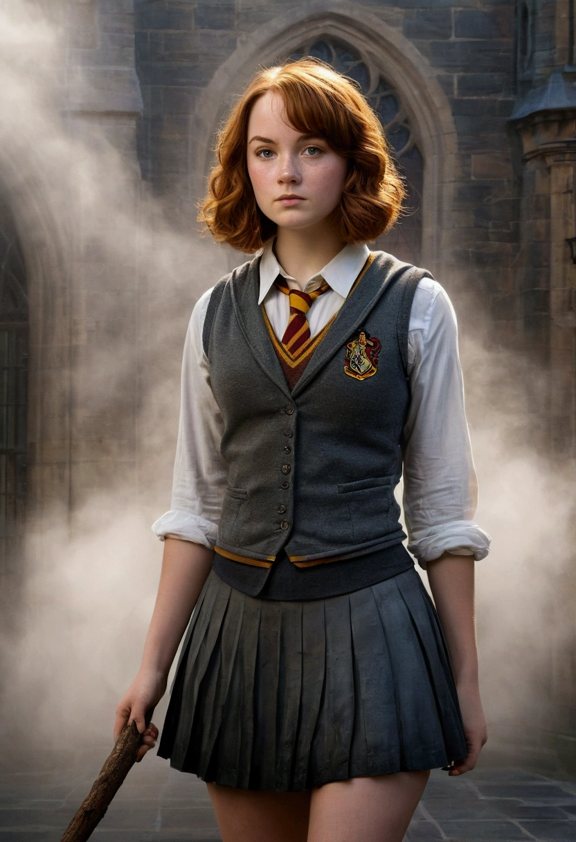 An illustrated movie poster, hand-drawn, full color, a teenage Hogwarts student, female, wearing a charcoal vest and a pleated skirt, toned, amazonian stature, athletic hourglass figure, full wide hips, massive round butt, long shapely legs, ridiculously thick powerful thighs, vibrant hazel eyes, deep dark auburn hair, short curly bob cut, flushed sun-kissed complexion, freckles, resembles Genevieve O'Reilly, standing in a foggy Hogwarts courtyard, surrounded by mist, graphite shading, stencil marks, airbrushed acrylic paint, masterpiece, in the Deathly Hallows