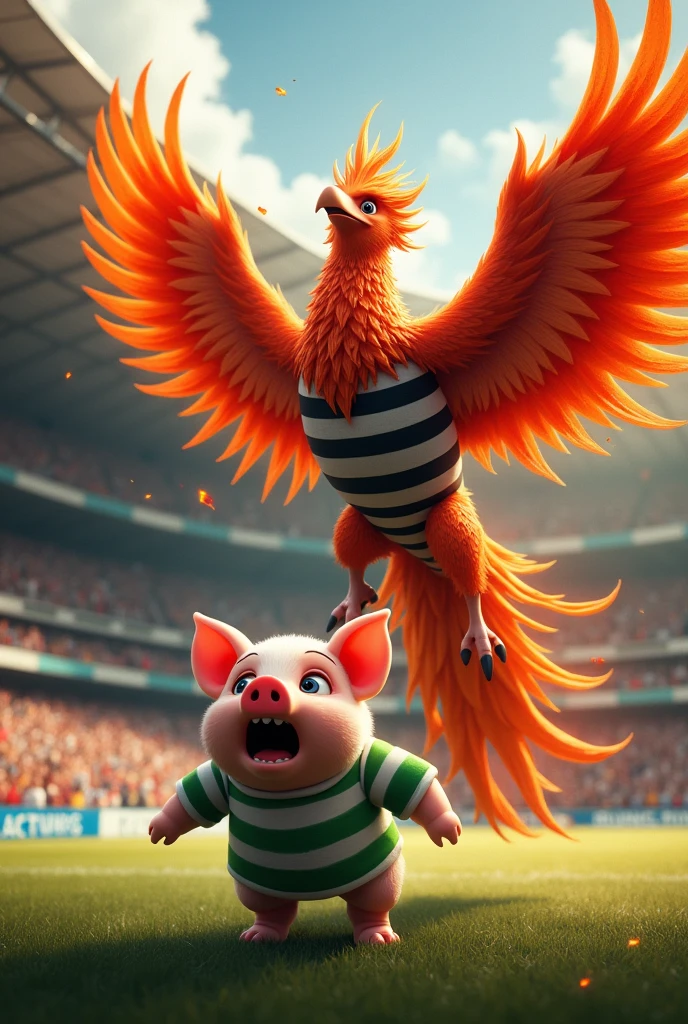 A phoenix dressed in a black and white striped shirt spitting fire at a scared pig dressed in a white and green shirt in a football stadium