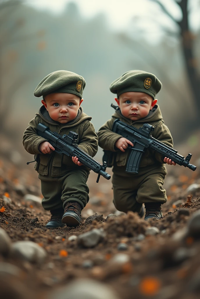 Two camouflaged newborns wearing Berets carrying Beretta rifles walk through a minefield in a realistic full body action style.