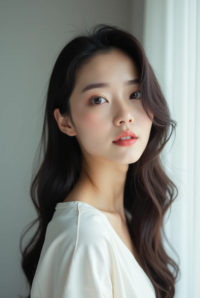 ((Realistic lighting、top-quality、8k、​masterpiece:1.3))、Clear focus:1.2、1girl in、flawless beauty:1.4、、Neat and clean clothing、One-piece clothes、Superfine Face、Narrow-eyed、double eyelid、lighting like a movie、photos realistic、28 year old、Face like a K-pop idol、white backgrounid、Gray background、Mature Woman、Classy makeup、Angle of pull、length hair、Longhaire、Long hair、Straight hair、Korea person、Rolled hair