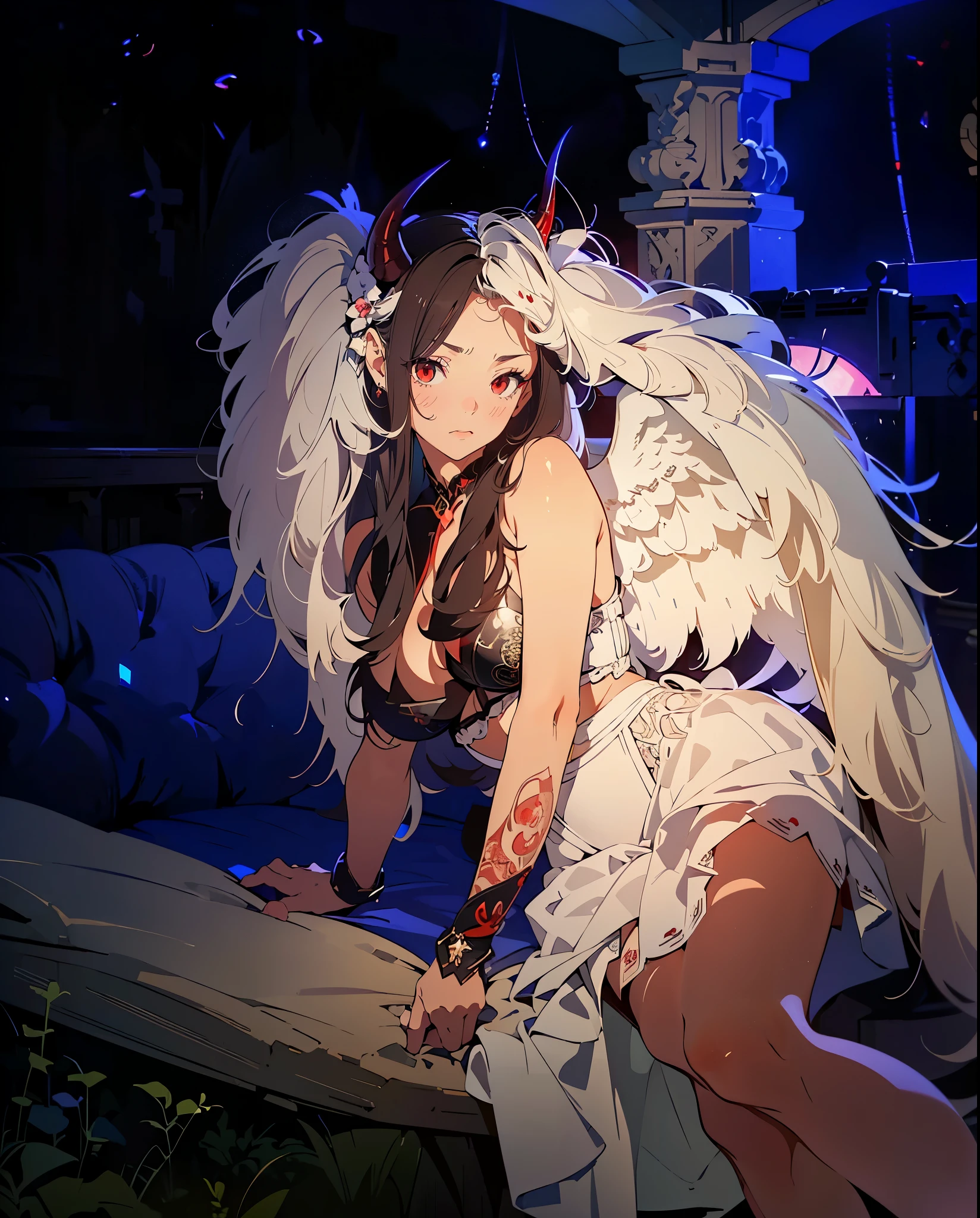 (masterpiece), (best quality), (ultra-detDevil Girl, skirt, (Red eyes:1.3), Devil horns, Devil Wings, Captivating Gaze, Seductive pose, The charm of another world, Mystical Sky, (best illustration), (best shadow), detailed eyes, Female, 2, looking at viewer, steam, nsfw, medium breasts, detail eyes, pussy, cum ,bukkake, eyes half closed, droopy eyes:1.3, horn, serious,