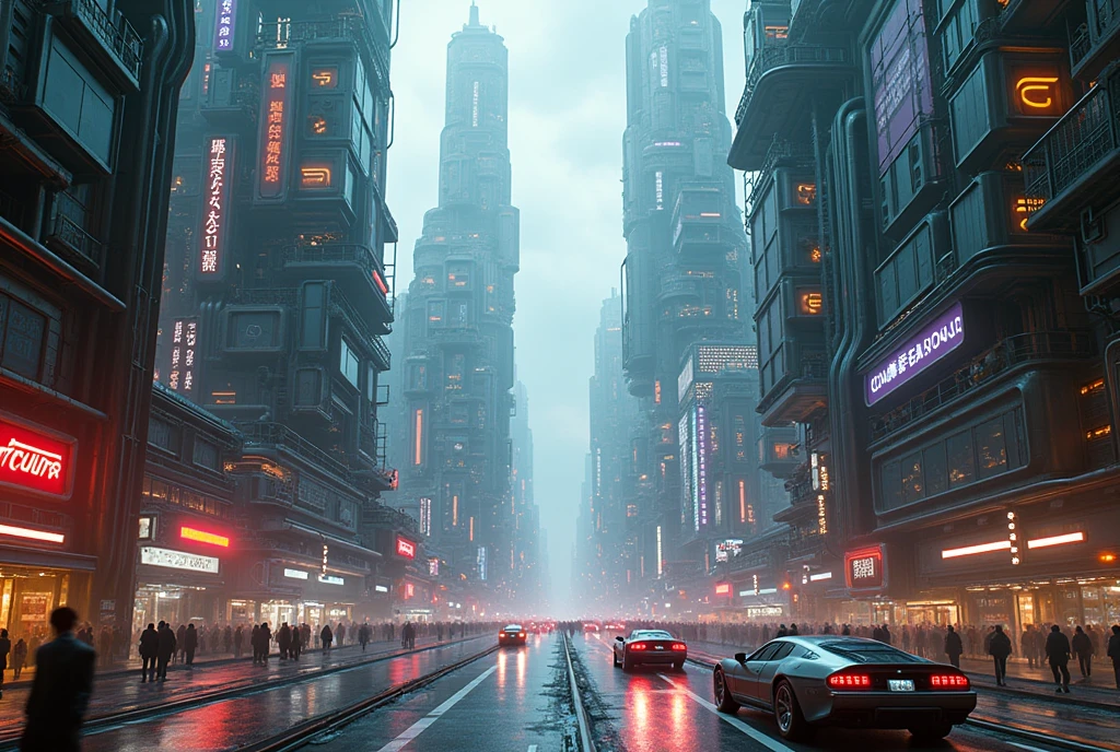 a huge futuristic alien city, flying vehicles, view from street level, intricate architecture, neon lights, hover cars, advanced technology, glowing skyscrapers, gleaming metal and glass structures, bright holographic displays, dynamic energy, otherworldly aesthetics, cinematic atmosphere, vibrant colors, dramatic lighting, science fiction, photorealistic, (best quality,4k,8k,highres,masterpiece:1.2),ultra-detailed,(realistic,photorealistic,photo-realistic:1.37),cinematic composition,dramatic perspective,moody lighting