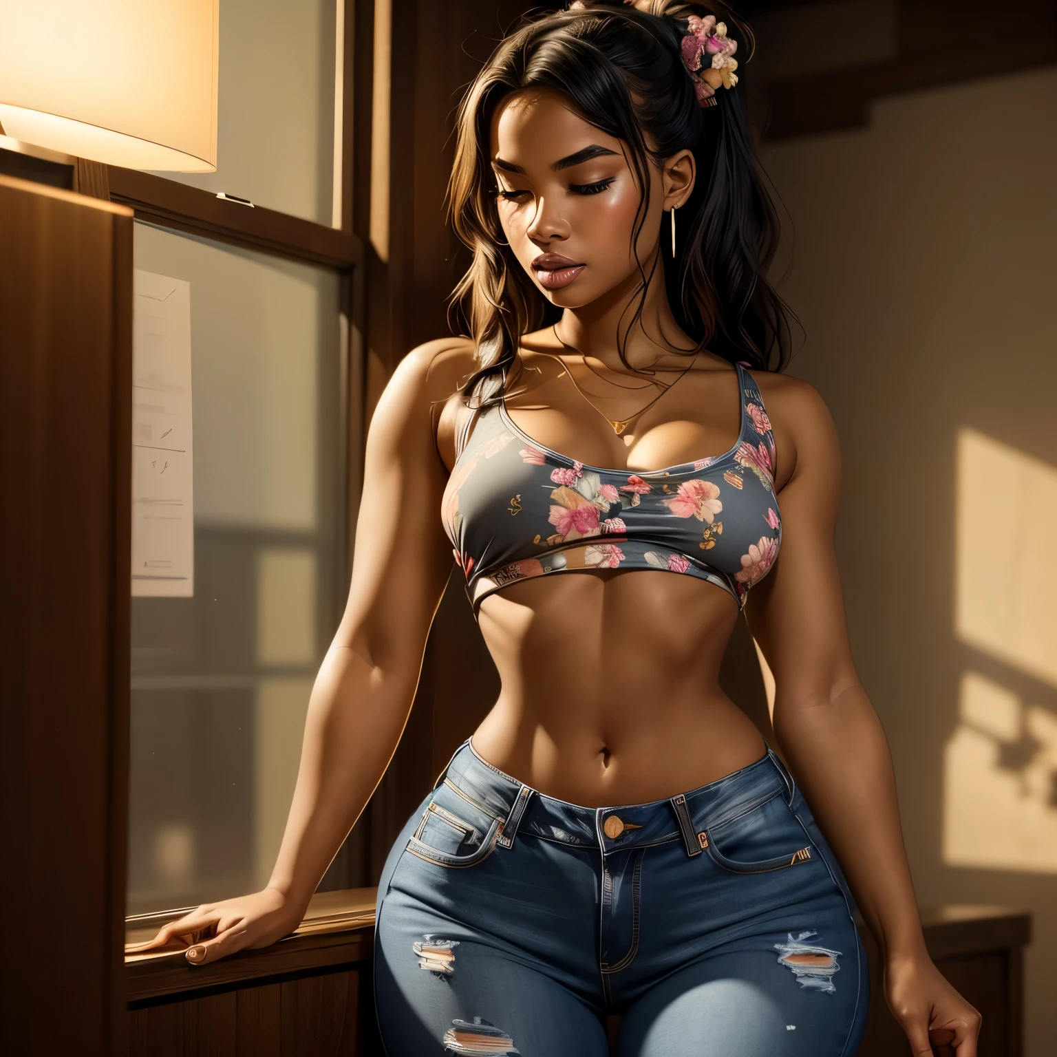 Masterpiece, high quality, 1, high resolution, volumetric lighting, subsurface scattering, 8k, Beautiful woman, (dark skin), phillipino, college student, uniform, (floral top, jeans) wavy hair, headband, hoope earings, classroom, sexy pose, seductive pose, ((slim thick body:1.2)), thick thighs, round-butt, open mouth, big lips, screaming, orgasm, night time, eyes closed, Masterpiece, Professional lighting, 16k, 8k wallpaper, raw photo, photorealistic:1.8, ultra detailed, natural lighting