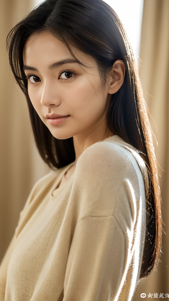 A hyper-realistic image of a single Japanese woman in her early 20s, so lifelike that she could be mistaken for a real person. Her skin has a warm beige tone with a natural, slightly rough texture that includes visible pores, fine lines, and subtle imperfections such as small blemishes, adding to the authenticity of her appearance. The natural light softly illuminates her, creating gentle, diffused shadows that enhance the realism without smoothing out her natural features. Her straight, glossy black hair frames her face in a natural, slightly tousled manner, and her deep brown eyes reflect the ambient light, adding depth and emotion. She is dressed simply, in a way that complements her natural beauty, with the overall composition designed to evoke a sense of genuine, understated elegance. The use of natural light, combined with the deliberately rougher texture of her skin, ensures that this image captures the imperfections that make her beauty truly lifelike, focusing solely on this one individual.One Woman