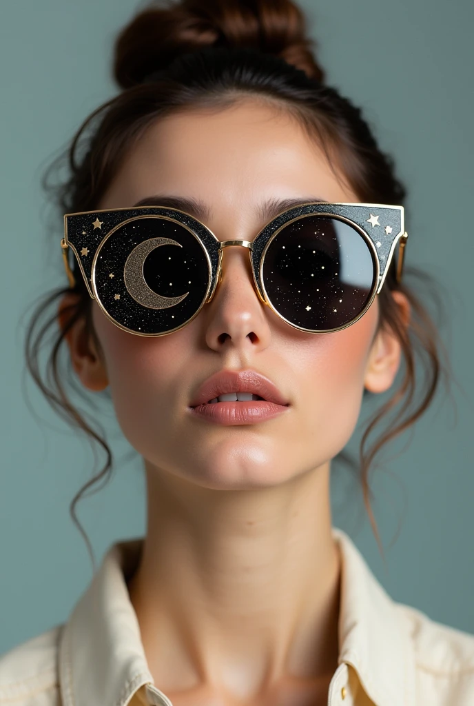 The model is wearing glass sunglasses with stars and the moon on the glass