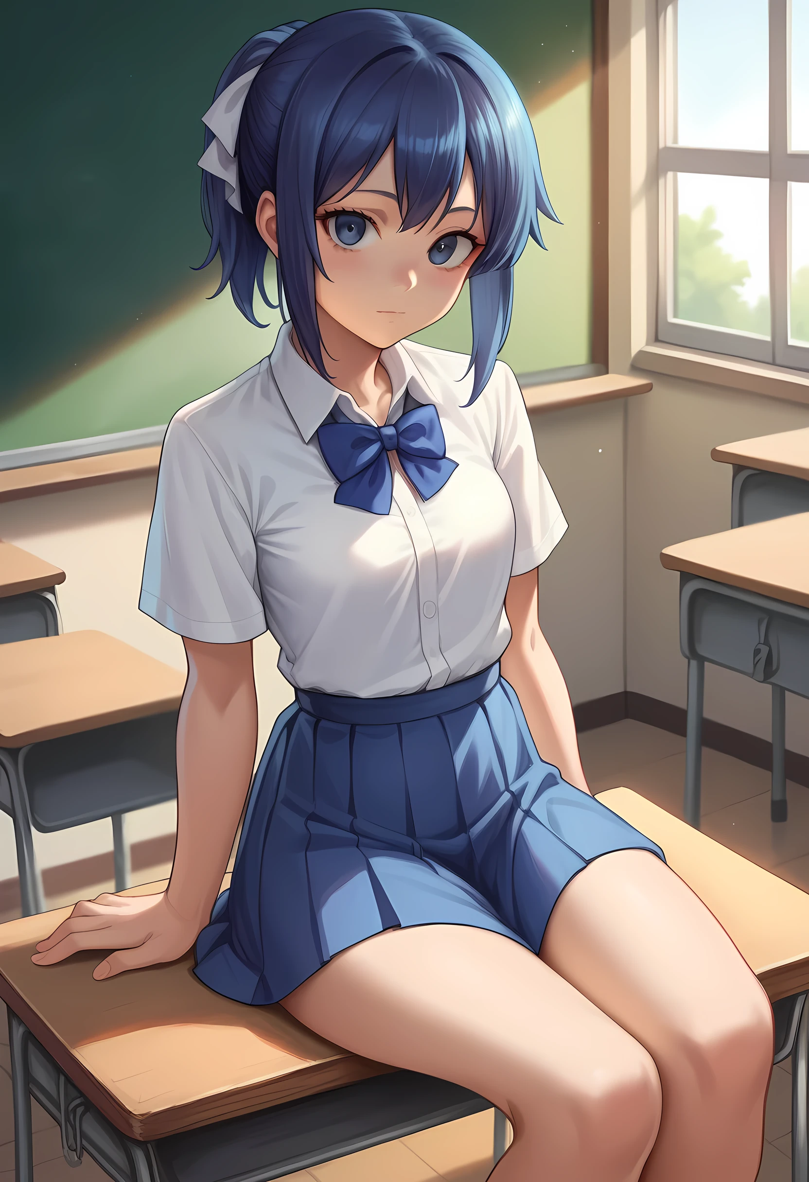 masterpiece, best quality, ultra-detailed, illustration, colorful, flat color, depth of field, lens flare, 1girl, hoshimachi suisei, anime, sitting, blue hair, looking at viewer, school, classroom, white shirt, bowtie, bottomless, detailed skin texture, detailed cloth texture, beautiful detailed face, small breasts