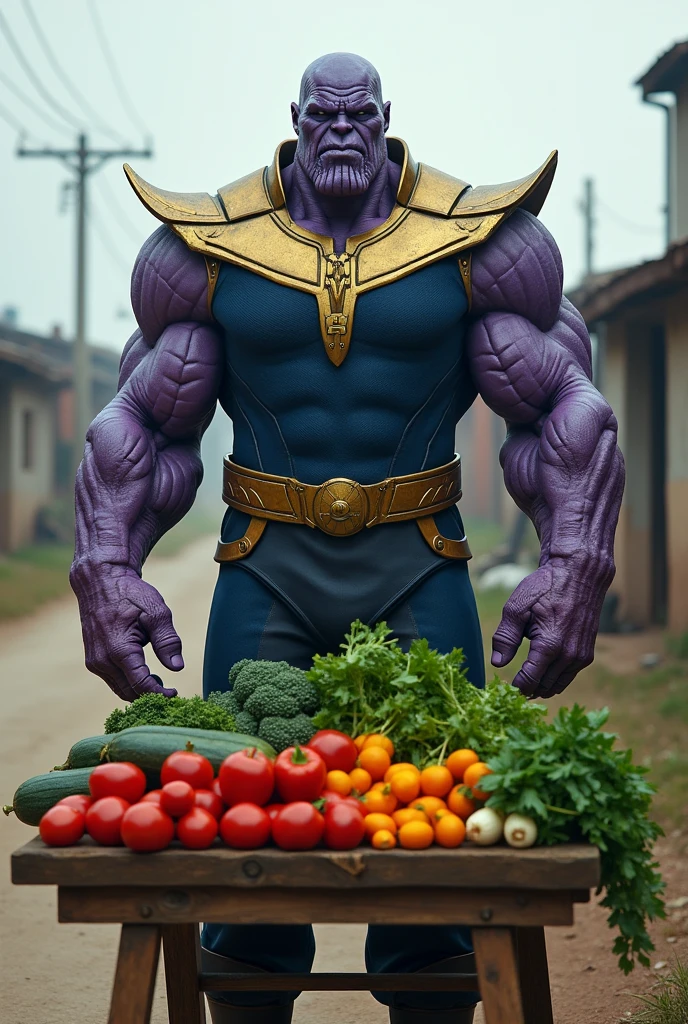Thanos selling vegetables with a sad facial
expression