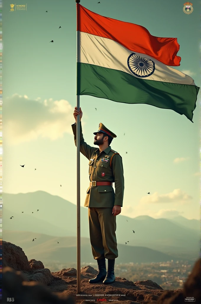 Actor prabhas poster in upcoming movie Fauji directed by hanu Raghavapudi where prabhas is soldier and saluting indian flag... 4K Realistic and Cinematic poster