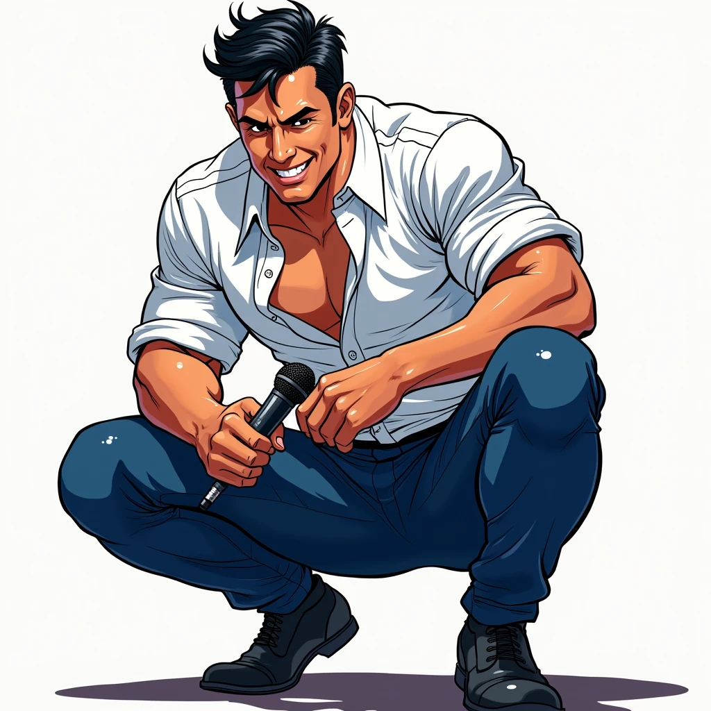 anime art, marvel art, a LATIN 4 male wearing white button up shirt and tight blue pants, he’s squatting down with a journalist mic in hands, big bulge, sweaty, slight smile