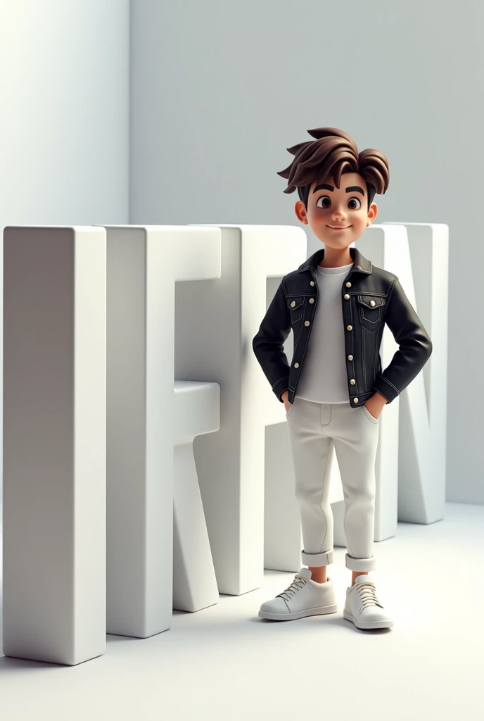 Create a 3D letter "Irfan" featuring an animated character at right side of "letter" position as standing with a stylish pose and casual haircut. The character should be dressed casually in modern attire like a denim balck jacket with white t-shirt and white pant and white sneakers.  Ensure that the text is accurate and not Misspelled. 
