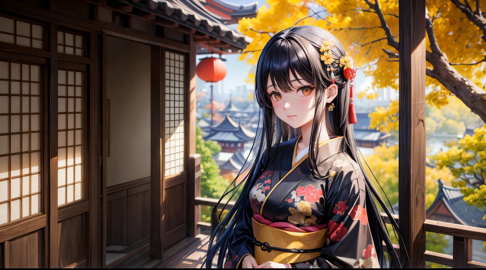 One person, Long black hair, Brown eyes, Wearing a beautiful Japanese kimono, Gingko tree, Traditional buildings, High resolution, Super sharp, 8k, masterpiece, View your viewers