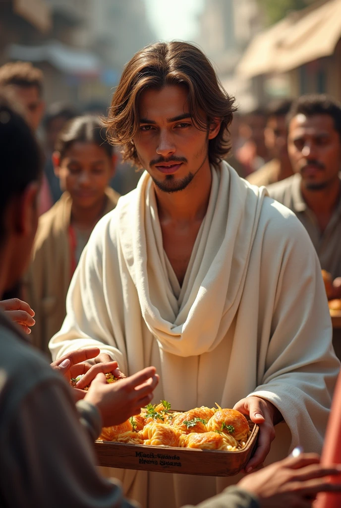 Young man with brown hair and white robe giving food to the hungry