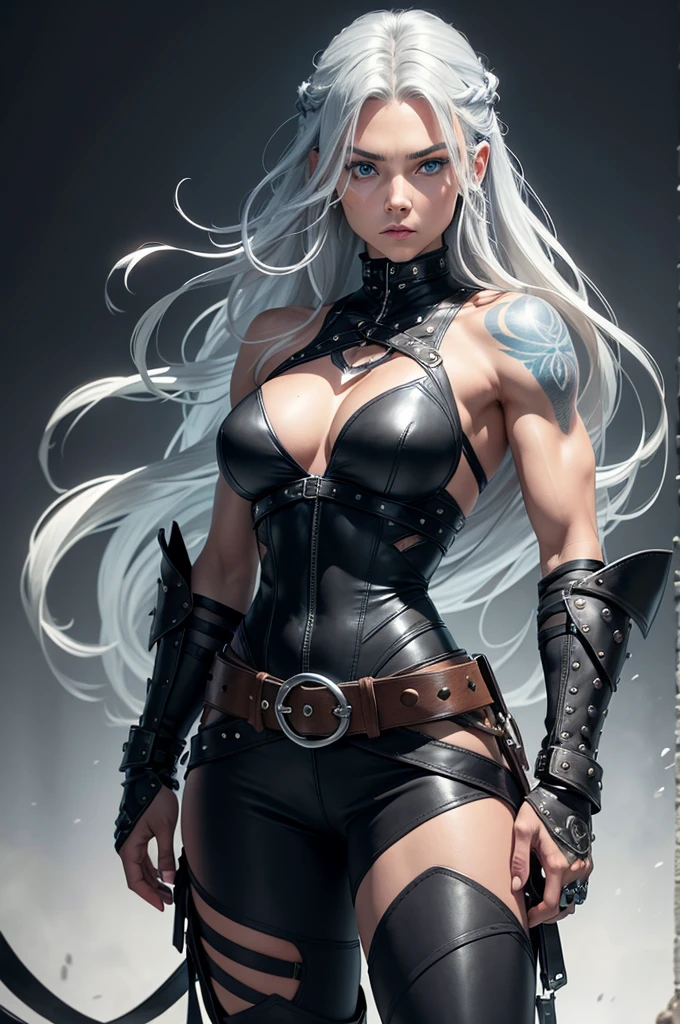 Strong female warrior with lean muscular build, ice blue eyes, long wavy silver hair with natural blue streaks, medium tan skin tone and elaborate tribal scars and tattoos on the body, long, flowing black leather coat with a high collar, fitted, black sleeveless tunic which is cinched at the waist with a wide belt, black leather fingerless gauntlets, black slim fitting leather pants, black sturdy boots.
