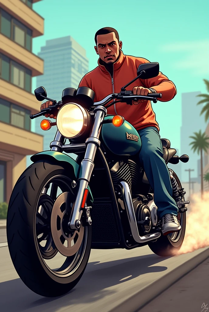 CJ from GTA San Andreas driving a motorcycle and underneath a logo written in the image in Portuguese "GTA Tutorials" that fits in the YouTube channel photo