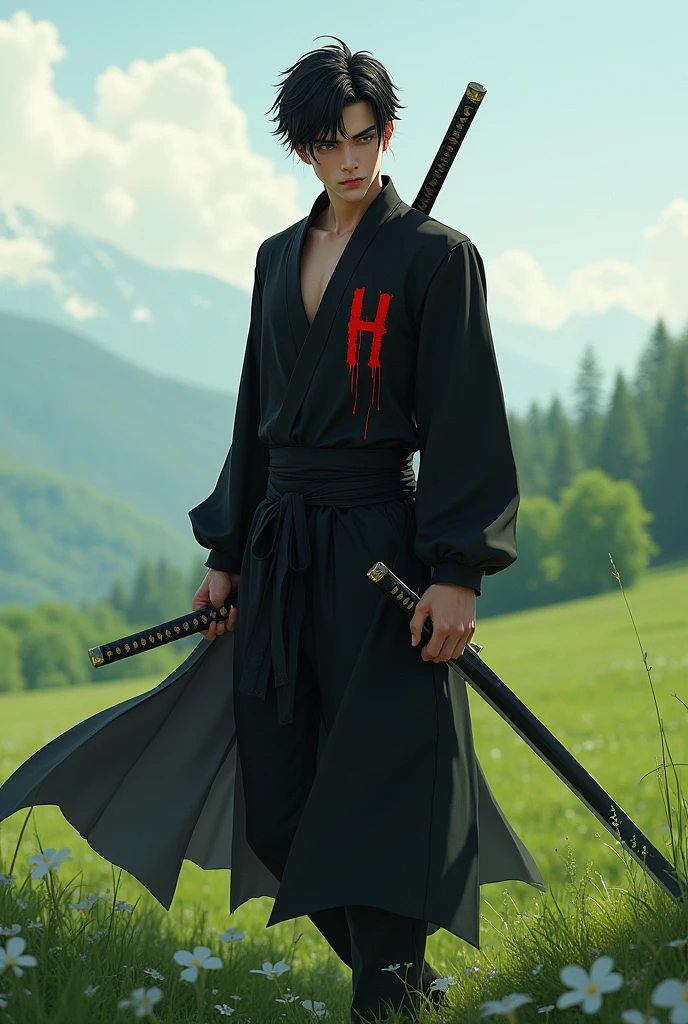 A sexy boy have a Katana on his hand and is standing in the field. He is wearing a black , and  has an "H" written in blood on its side. 