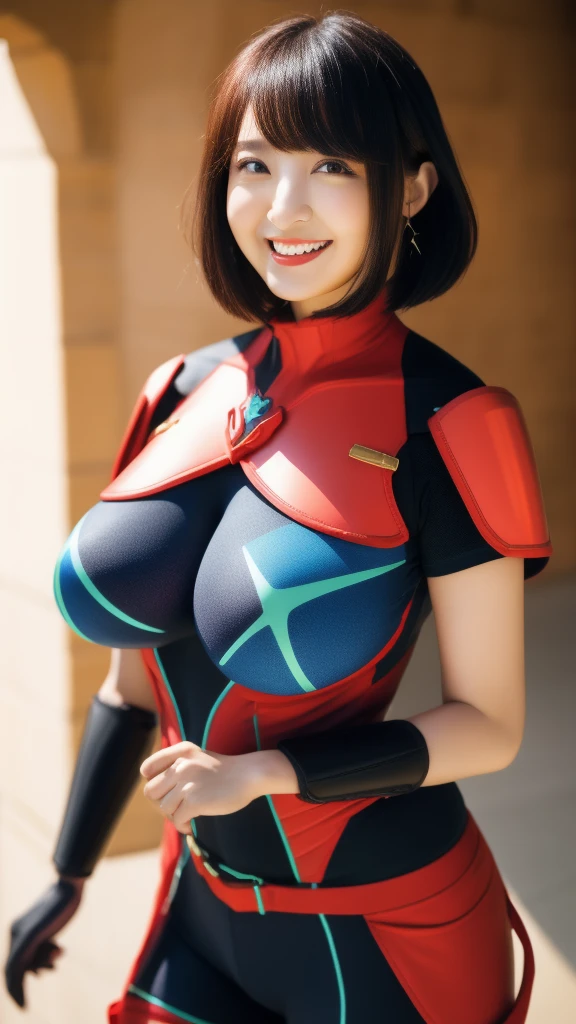 1girl, solo,woman, age 18, high quality, best quality, highres, high detail, rim lighting,iridescent aura  mythradef, tiara,bobcut hair,(red tight meni open-chest latex body armor,arm protector,crimson ultra low-rise pants,cleavage,kneehigh boots), chest jewel, thigh strap, earrings,huge breast,slender hip,slender thigh,slender legs,blue sky,grin,cowboy shot including thigh,sexy pose,seductive pose,stick out breast,focused on breast