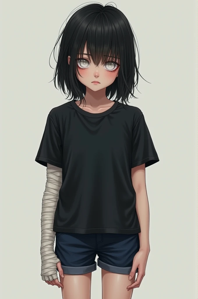 Girl with pale skin and medium-length black hair. The eyes are white. in a black tee shirt. navy blue shorts.Blade cuts and self-mutilation remain under the bandages. She suffers from self-harm. She is short in stature, 167-168 cm. Weight 47 kg.
