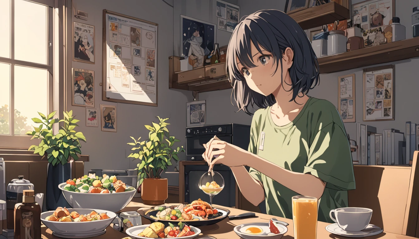 ((anime: 1.4, figure)), (masterpiece, Highest quality, Highest quality), (Very detailed, The absolute solution), ((16K, High resolution)) (morning食, morning, Lighting), ( anime: 1.4, figure)), (masterpiece, Highest quality, Highest quality), (Very detailed, The absolute solution). and {Lofi Art, Laurie Griesley's style, Makoto Shinkai's Style, anime Aesthetic}, break {(Produces images with over 40 million pixels of information and cinematic detail。Hot with Sony's slur).}