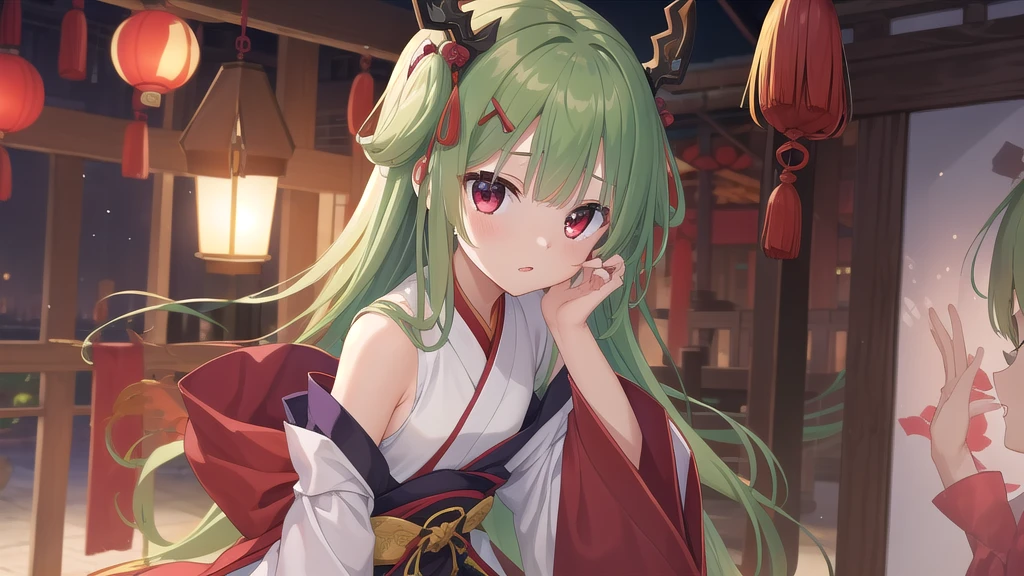 ((masterpiece)),(best quality),Official Art,Extremely detailed CG,Unity 8K wallpaper,Very detailed,Beautiful and delicate eyes,Extremely detailed face,1 girl,solitary,,(whole body:1.5),(small:1.3),Murasame,Very long hair,Green Hair,Face Up,Purple bow,hairpin,Side chains,Bangs,Red Eyes,Neck strap,Red belt,Chinese elegant style,Long-sleeved white hanfu,Dawn breaks in Jiangnan after the rain,