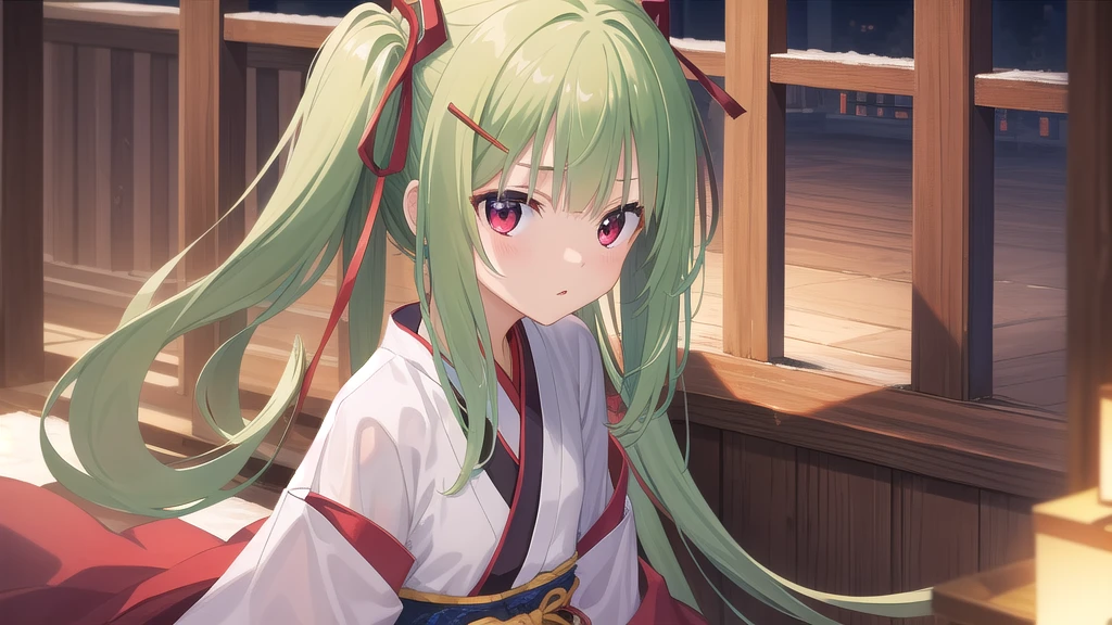 ((masterpiece)),(best quality),Official Art,Extremely detailed CG,Unity 8K wallpaper,Very detailed,Beautiful and delicate eyes,Extremely detailed face,1 girl,solitary,,(whole body:1.5),(small:1.3),Murasame,Very long hair,Green Hair,Face Up,Purple bow,hairpin,Side chains,Bangs,Red Eyes,Neck strap,Red belt,Chinese elegant style,Long-sleeved white hanfu,Dawn breaks in Jiangnan after the rain,