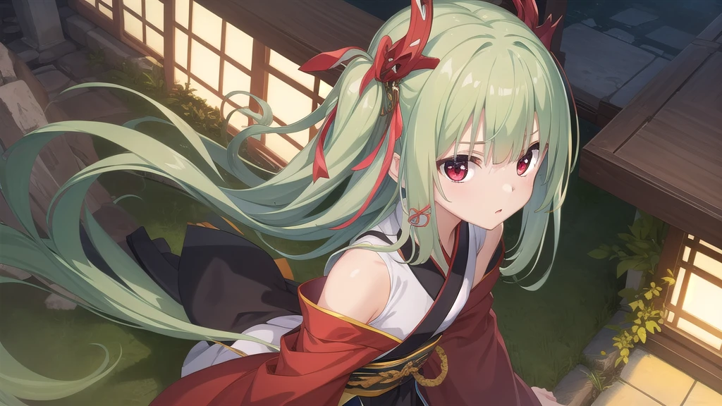 ((masterpiece)),(best quality),Official Art,Extremely detailed CG,Unity 8K wallpaper,Very detailed,Beautiful and delicate eyes,Extremely detailed face,1 girl,solitary,,(whole body:1.5),(small:1.3),Murasame,Very long hair,Green Hair,Face Up,Purple bow,hairpin,Side chains,Bangs,Red Eyes,Neck strap,Red belt,Chinese elegant style,Long-sleeved white hanfu,Dawn breaks in Jiangnan after the rain,