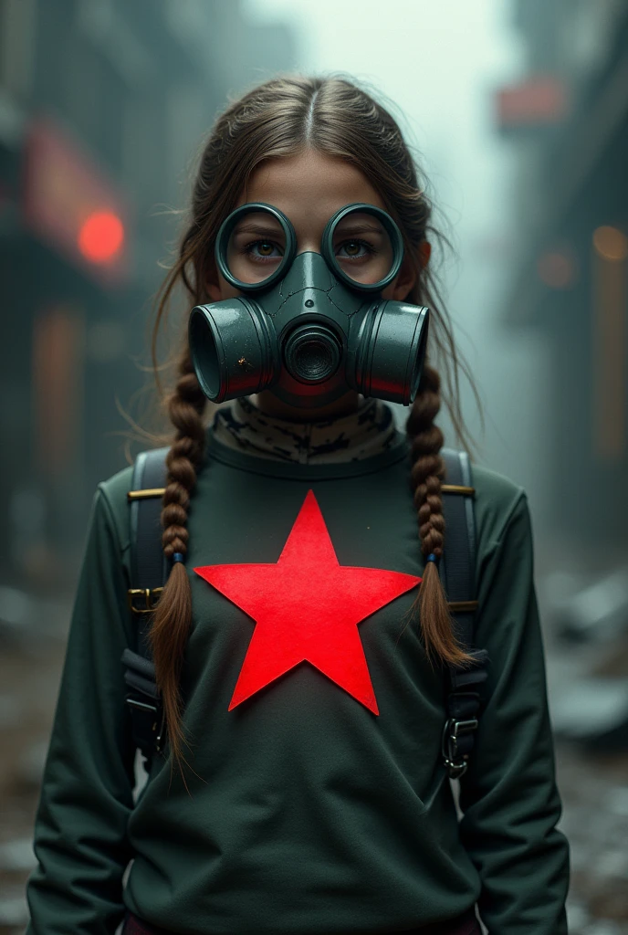 hero girl, red glue, star on chest, gas mask