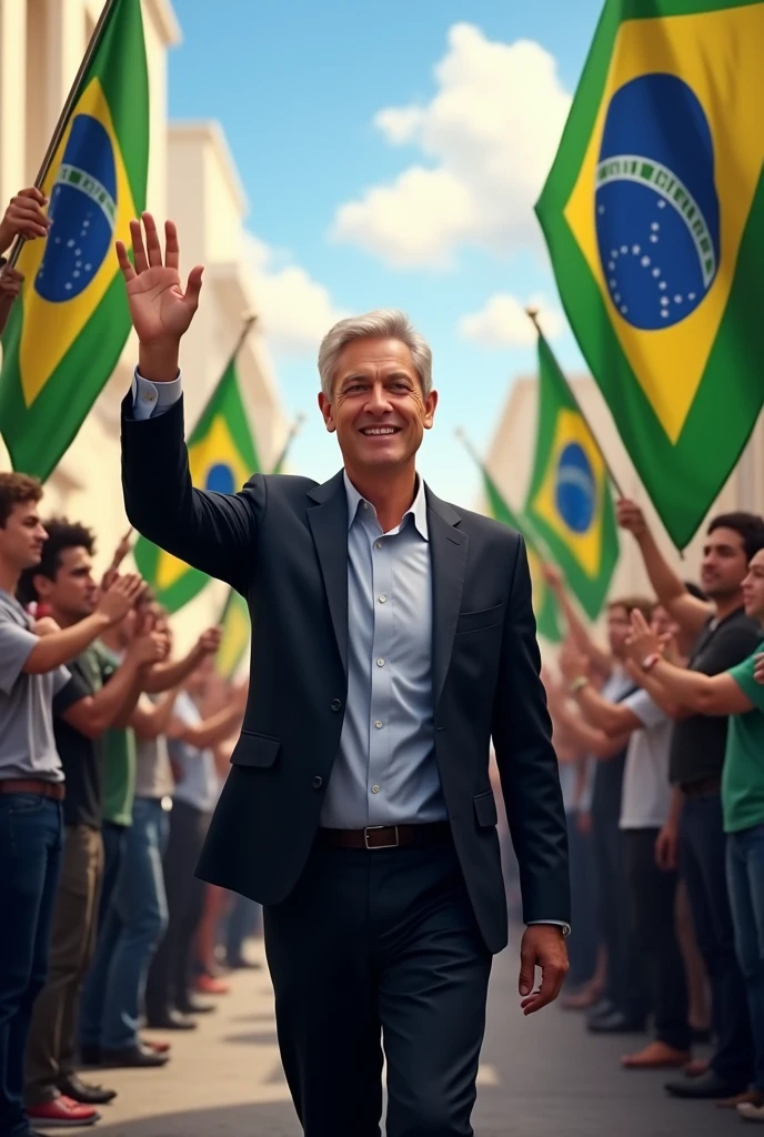 a 40 year old man elected mayor in brazil, in a suit and pants waving, people around holding bahia flag