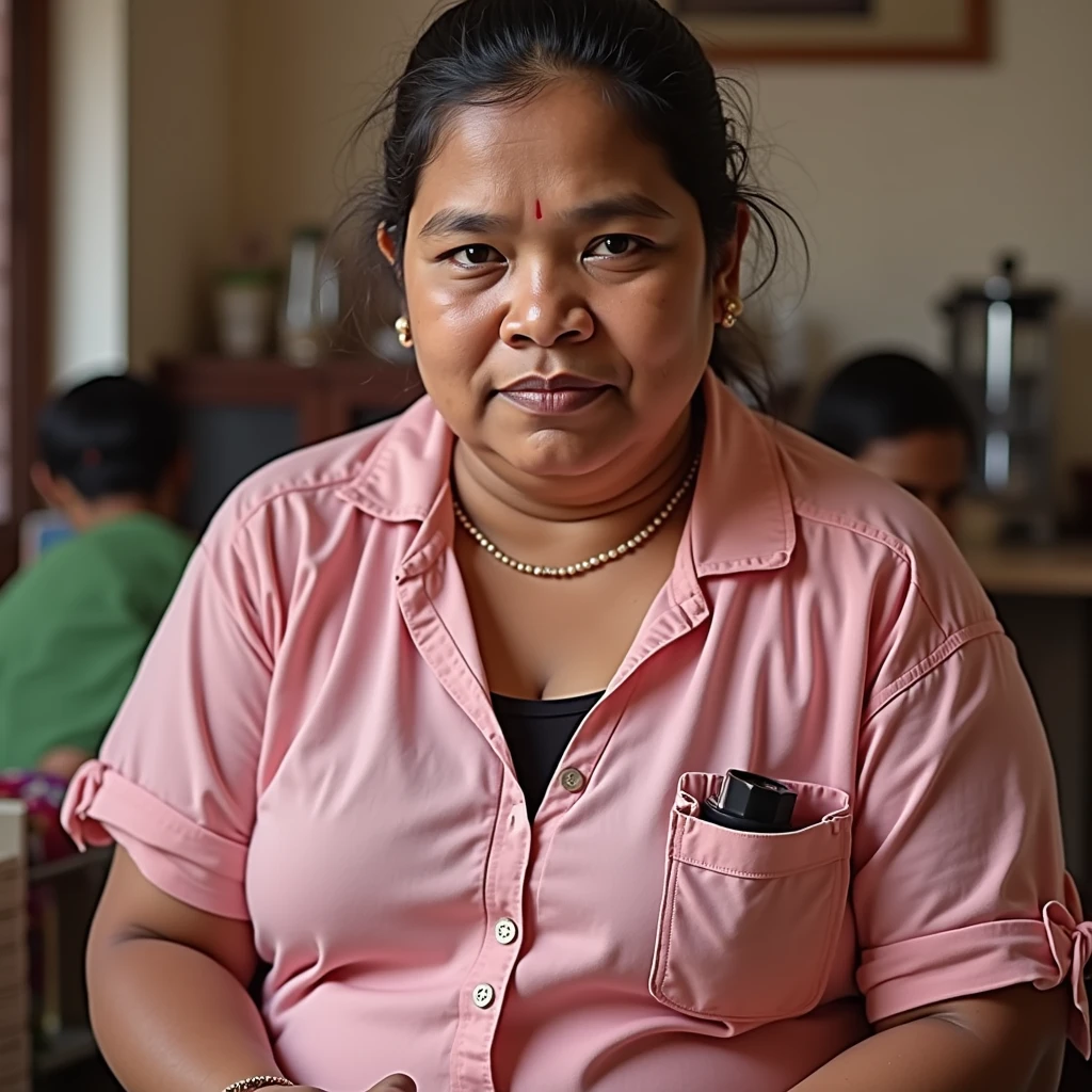 A srilankan women chubby 39 year old wearing a black blouse and green saree and working in her tea shop and her husband is working in another city so she is tired