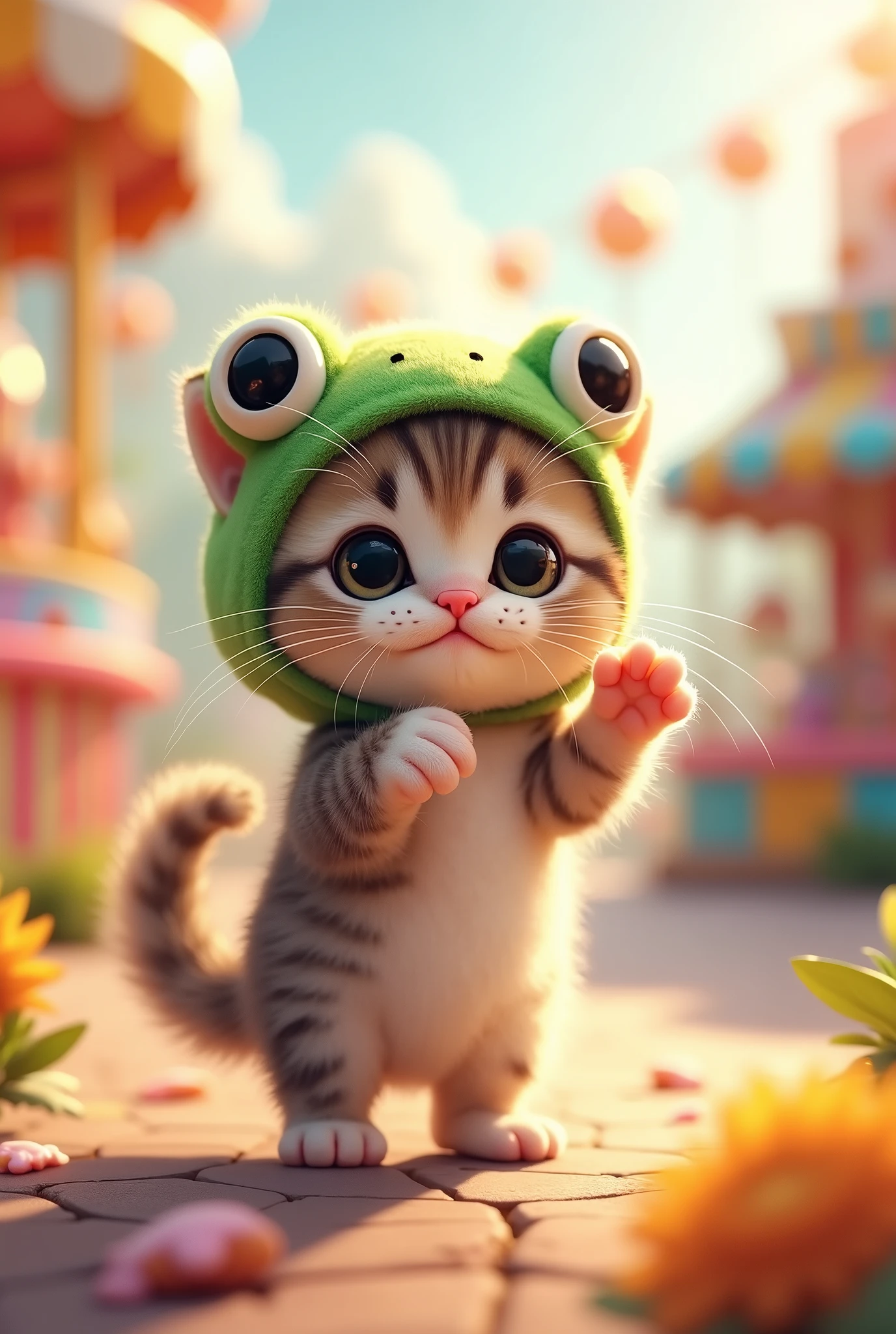 Tiny kitten standing on its hind legs The cutest kitten ever Adorable appearance!!!
Cute amusement park background He is wearing a dancing frog costume