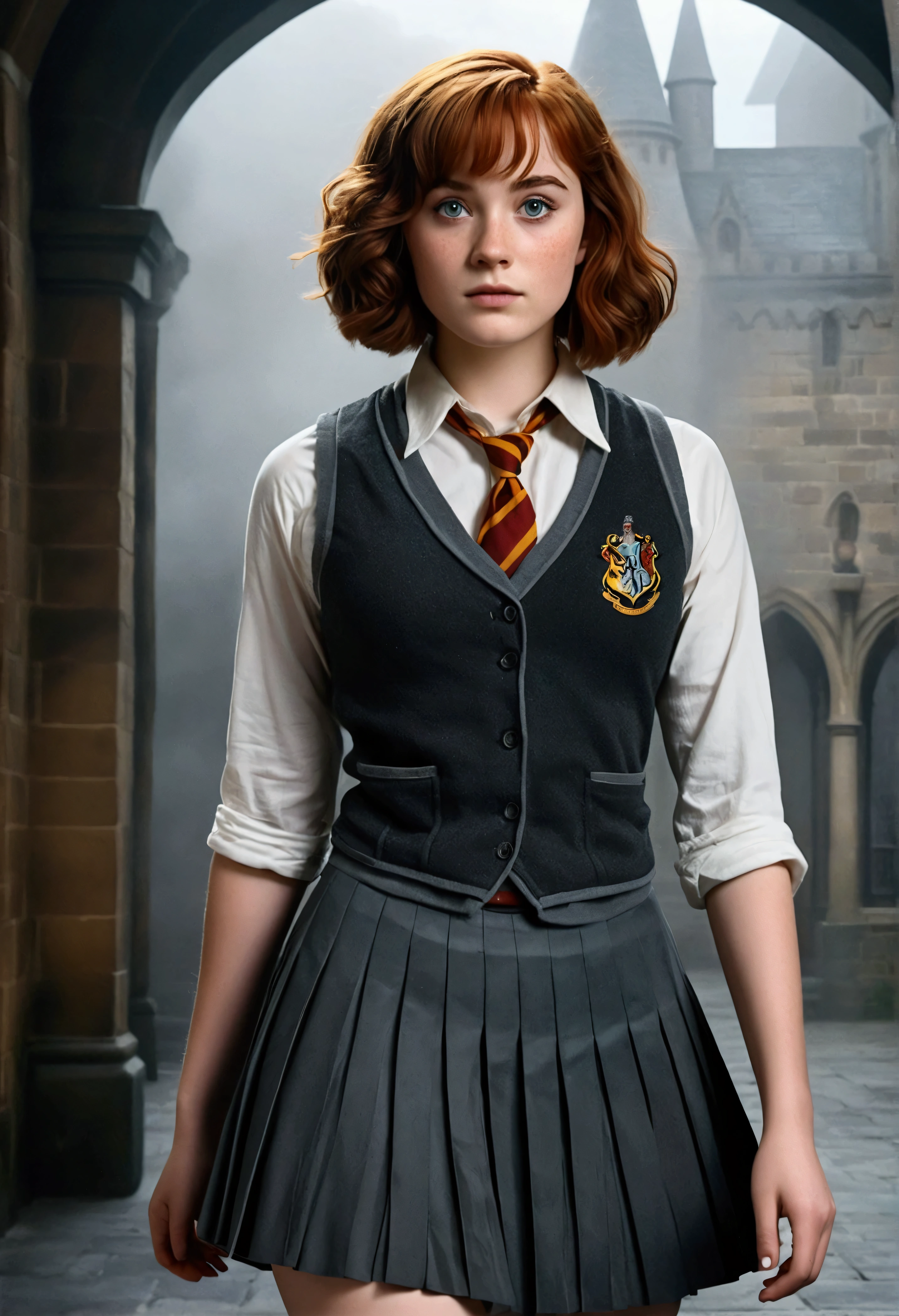 An illustrated movie poster, hand-drawn, full color, a female Hogwarts student, 18-years-old, wearing a charcoal vest and a pleated skirt, athletic hourglass figure, full wide hips, massive round butt, long shapely legs, ridiculously thick powerful thighs, vibrant eyes, deep dark auburn hair, short curly bob cut, flushed sun-kissed complexion, freckles, resembles Genevieve O'Reilly, standing in a foggy Hogwarts courtyard, surrounded by mist, graphite shading, stencil marks, airbrushed acrylic paint, masterpiece, close-up shot, in the Deathly Hallows
