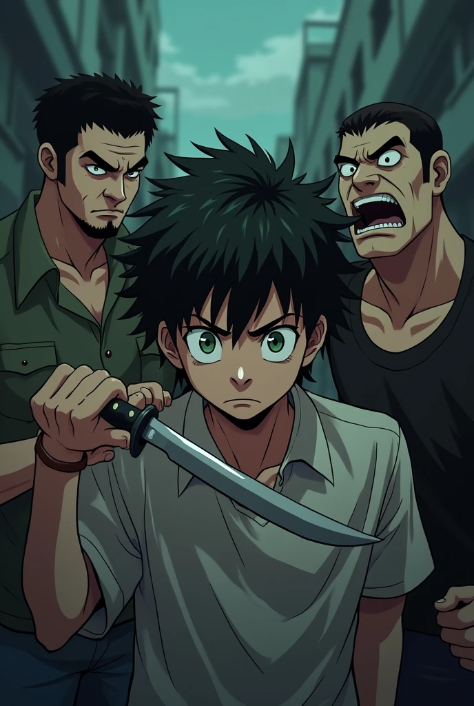  boy with black hair, green eyes is being kept hostage by some thugs, one of the thugs is holding him tight and put a knife on his neck anime