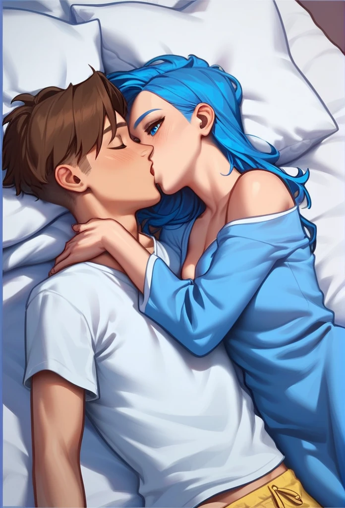 Girl, long blue hair. blue colored eyes. Wearing a blue pajama dress. Is kissing boy, brown haired man. wearing T-shirt and pants. are lying in bed.