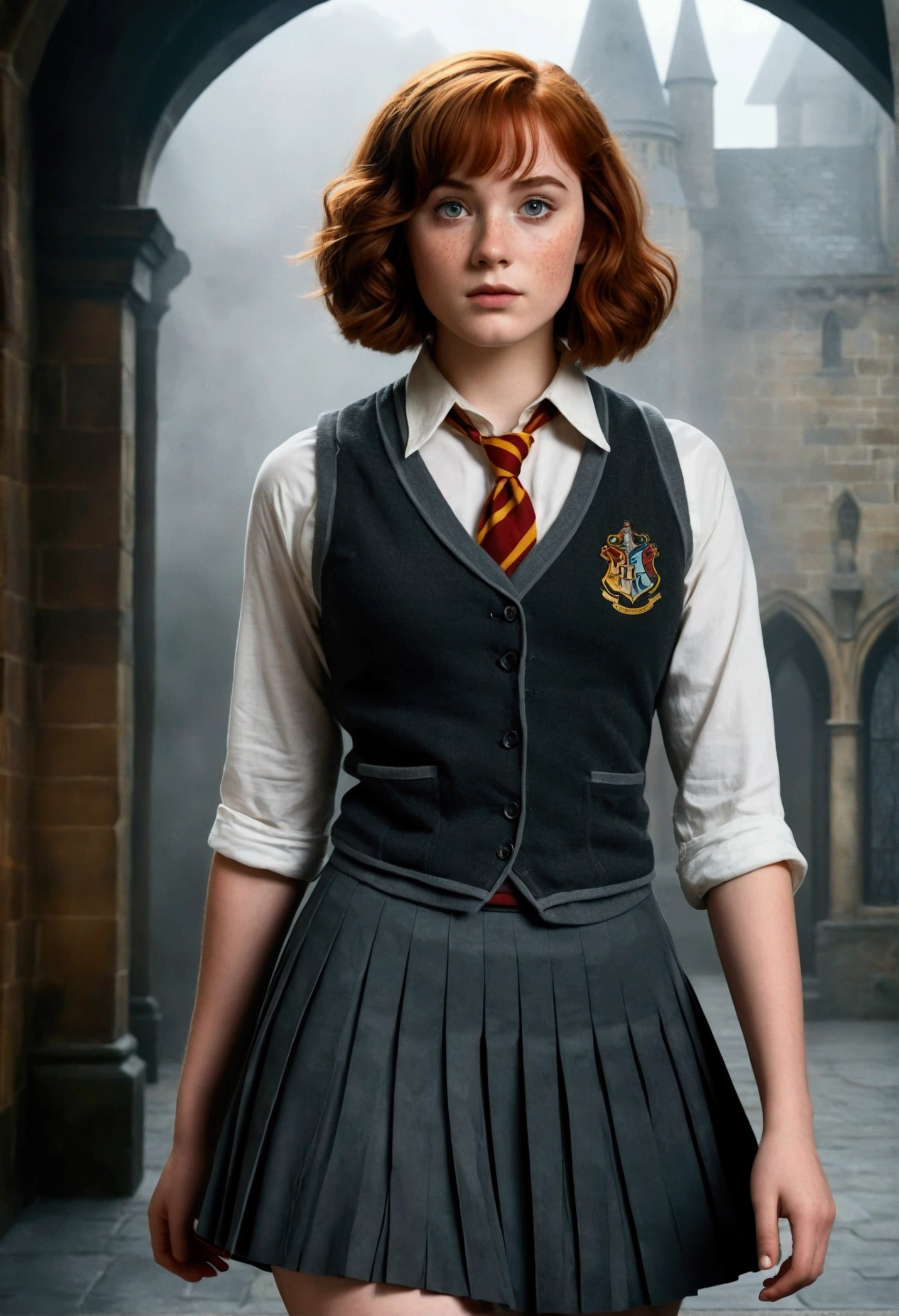 An illustrated movie poster, hand-drawn, full color, a female Hogwarts student, 18-years-old, wearing a charcoal vest and a pleated skirt, athletic hourglass figure, full wide hips, massive round butt, long shapely legs, ridiculously thick powerful thighs, vibrant eyes, deep dark auburn hair, short curly bob cut, flushed sun-kissed complexion, freckles, resembles Genevieve O'Reilly, standing in a foggy Hogwarts courtyard, surrounded by mist, graphite shading, stencil marks, airbrushed acrylic paint, masterpiece, close-up shot, in the Deathly Hallows 
