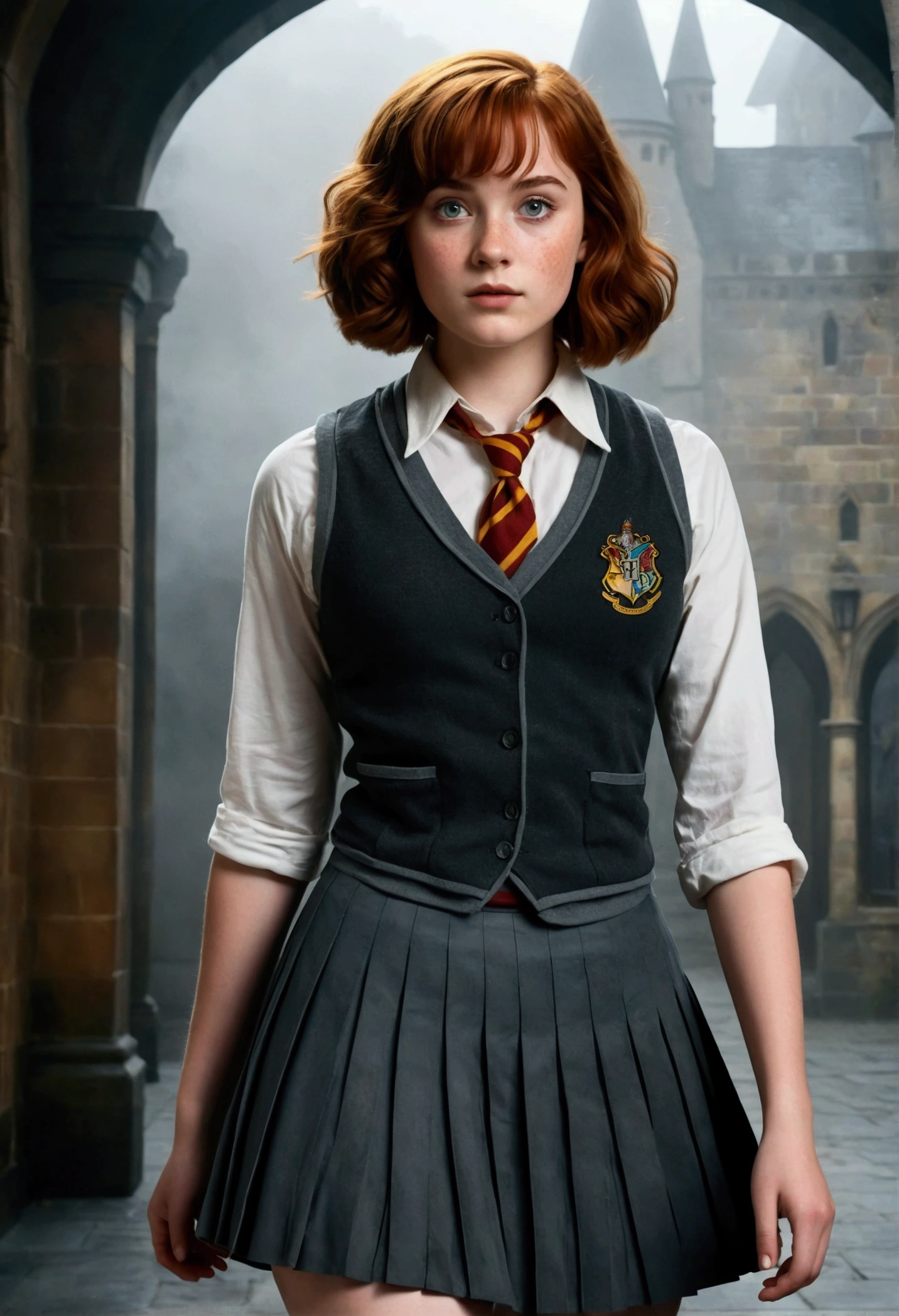 An illustrated movie poster, hand-drawn, full color, a female Hogwarts student, 18-years-old, wearing a charcoal vest and a pleated skirt, athletic hourglass figure, full wide hips, massive round butt, long shapely legs, ridiculously thick powerful thighs, vibrant eyes, deep dark auburn hair, short curly bob cut, flushed sun-kissed complexion, freckles, resembles Genevieve O'Reilly, standing in a foggy Hogwarts courtyard, surrounded by mist, graphite shading, stencil marks, airbrushed acrylic paint, masterpiece, close-up shot, in the Deathly Hallows
