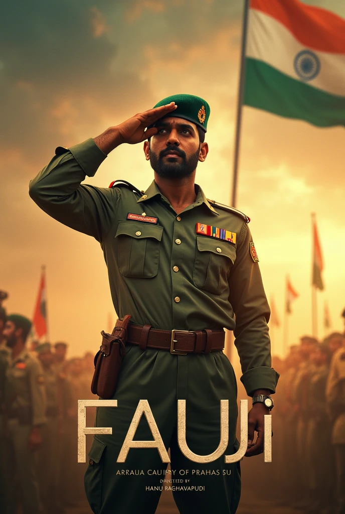 Actor prabhas poster in upcoming movie Fauji directed by hanu Raghavapudi where prabhas is soldier and saluting indian flag with fauji title... 4K Realistic and Cinematic poster