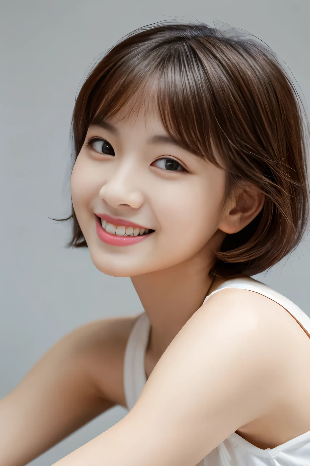 One person, alone, View your viewers, smile, short hair, Simple Background, Brown Hair, Black Hair, Brown eyes, Grin, lips, Tilt your head, Arms crossed, Realistic, Super Details, A magnificent work, Ultra-high resolution, high quality, 32K