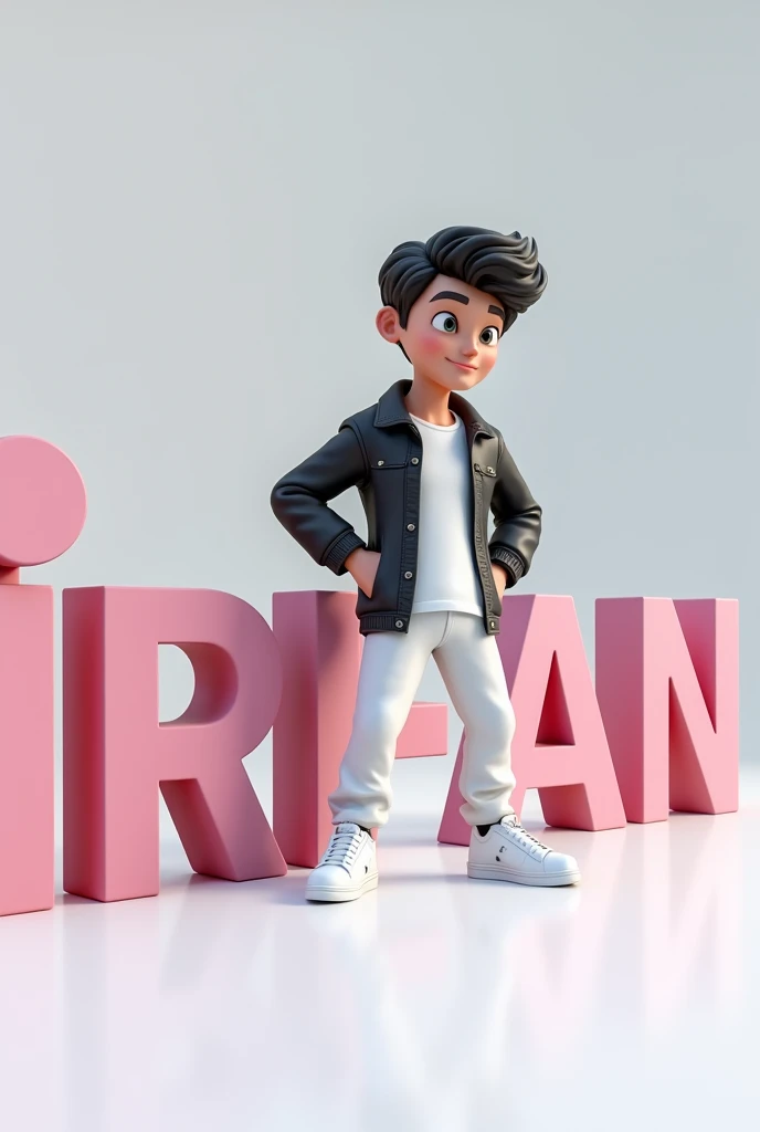 Create a 3D letter "Irfan" featuring an animated character at right side of "letter" position as standing with a stylish pose and casual haircut. The character should be dressed casually in modern attire like a denim balck jacket with white t-shirt and white pant and white sneakers.  Ensure that the text is accurate and not Misspelled. 
