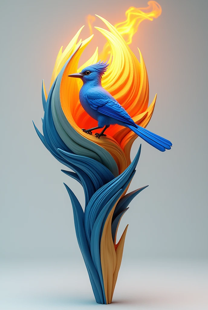 I need you to generate an Olympic torch with the following details: the torch must have a fluid shape because the main element is the blue jay that represents the state of Paraná together with the araucaria pine tree which is something more abstract 