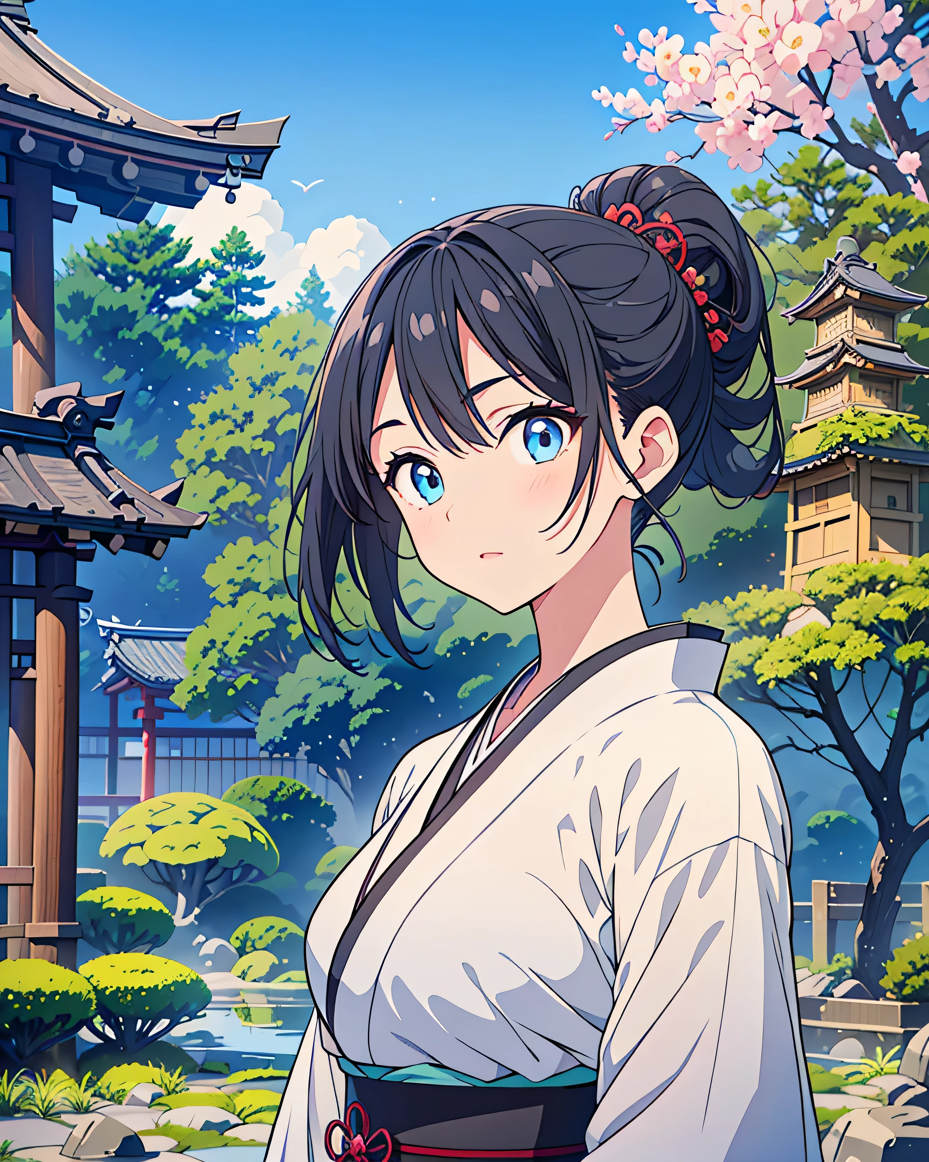 Highest quality, 32K, High resolution, masterpiece:1.5, One beautiful Japan girl,Illustration with anime touch, Rich emotional expression, An exceptionally beautiful face, Perfect Human Anatomy, Big light blue eyes, Motherhood and generosity, Deep Love, Wake up, Expressing emotions, Have a rich imagination, Cute Japan, Perfect Human Anatomy, Magical big eyes, decision, Powerful expression, Shiny black hair, Ponytail swaying in the wind, Asymmetrical bangs, Hair between the eyes, Transparent, soft white skin, Sharp eyebrows, Thin lashes, Detailed and cute lips, ((Detailed beautiful Japanese garden:1.2)), ((Swordsman:1.4)), ((Blue sky:1.1)), Slim figure, Beautifully detailed skies, mysterious