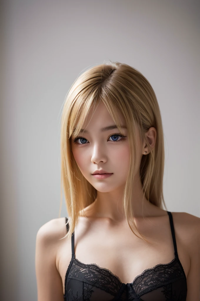 european girl portrait,alone,20 years,beautiful face,Upper body,hair above one eye,medium side cut, blonde hair, sharp focus,black underwear