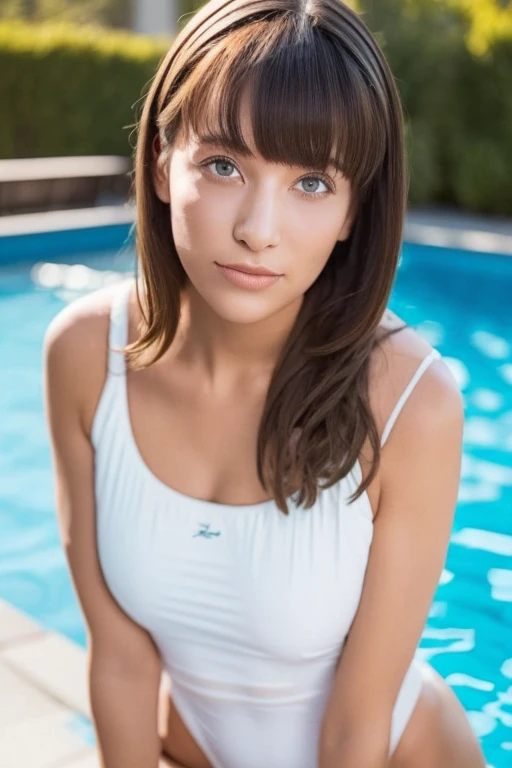 1girl, beautiful woman, White onepiece swimsuit, skinny, perfect body, defined abs, gold hair, standing in daytime pool room,  ultra-detailed face, beautiful eyes, beautiful lips, double eyelids, shy smile, trimmed bangs, sun-kissed skin, hint of pubic hair, (best quality, 8k, masterpiece:1.3), frontal and full-body shot, pussy line, front facing, open legs pubic hair