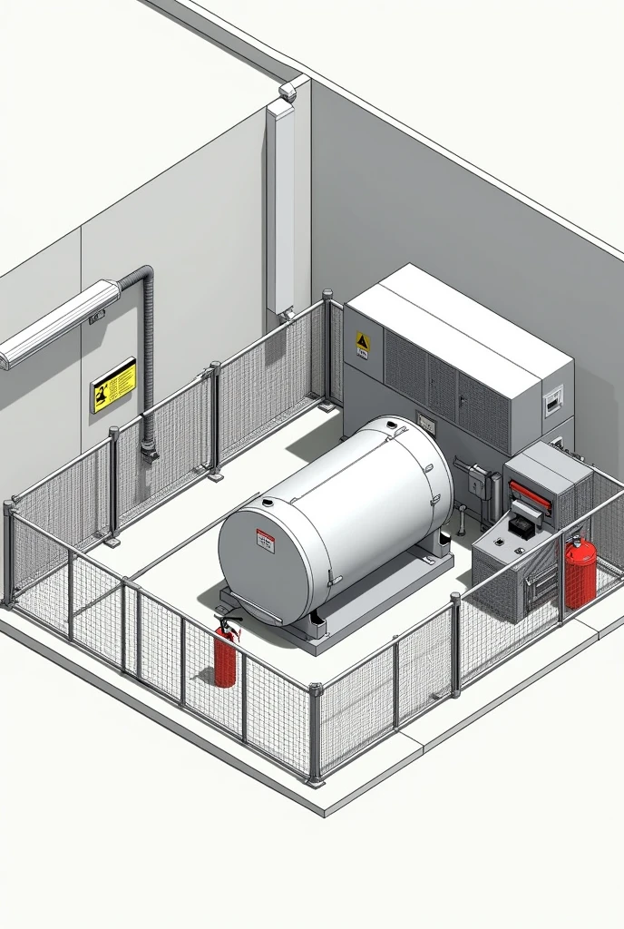 Start by sketching out your storage area.:Draw a straight line to define the storage area as a rectangle..Add details to the fence around the area to prevent unauthorized access..Drawing of chemical storage tank:วาดถังorบรรจุภัณฑ์ที่จัดเก็บสารเคมีในตำแหน่งที่เหมาะสม เช่น บนแท่นที่ป้องกันการรั่วไหล.Include details of the warning label on the tank, such as: "Flammable substances" or "No smoking".Add fire protection equipment:Draw fire extinguishers and sprinkler systems near storage areas..วาดหลังคาorโครงสร้างป้องกัน:If it is an outdoor storage but requires protection from sunlight, วาดหลังคาorโครงสร้างป้องกันแสงแดดเหนือพื้นที่จัดเก็บ.Enter other details:Add restricted area signs and walking routes in the surrounding area..